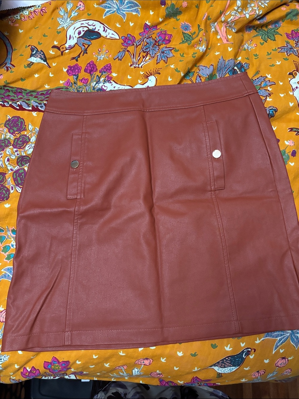LOFT Rust Leather-Look Mini Skirt with Snap Pocket Details
